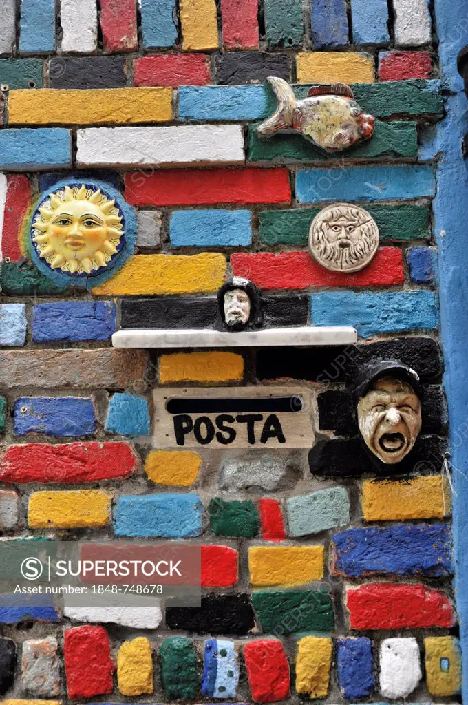 Entrance to a house, postbox, colourful facade, island of Burano, Venice, Veneto, Italy, Europe