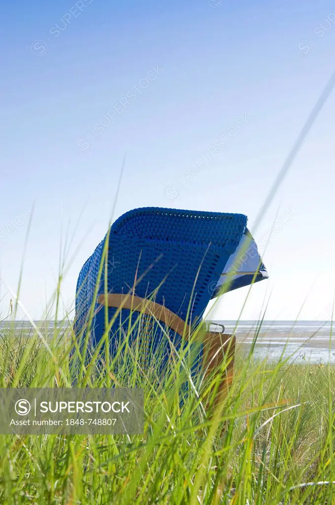 Blue beach chair on the beach of Wyk, Foehr island, North Frisia, Schleswig-Holstein, Germany, Europe