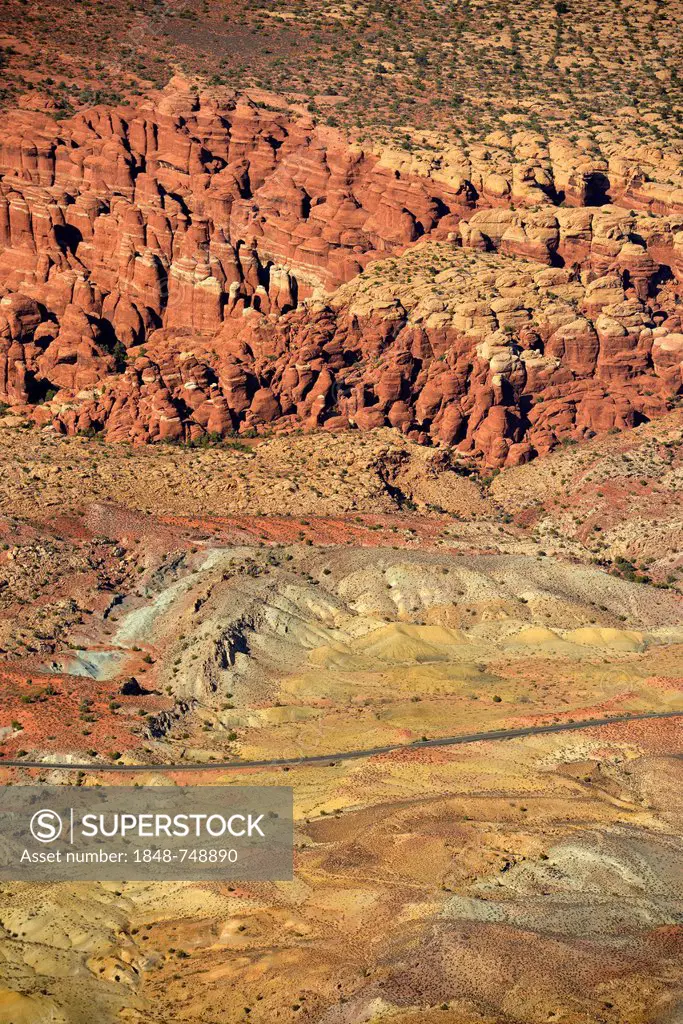 Aerial view, Fiery Furnace rock garden, Salt Valley, scenic road, Arches National Park, Moab, Utah, United States of America, USA