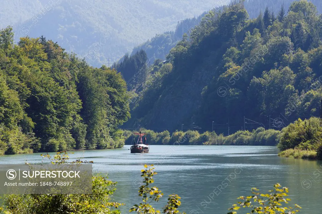 Viking boat on the Enns river near Weyer, Pyhrn-Eisenwurzen, Traunviertel region, Upper Austria, Austria, Europe