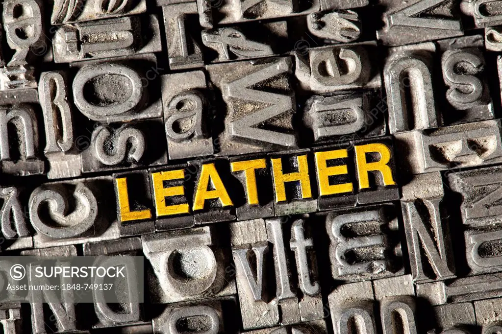 Old lead letters forming the word LEATHER