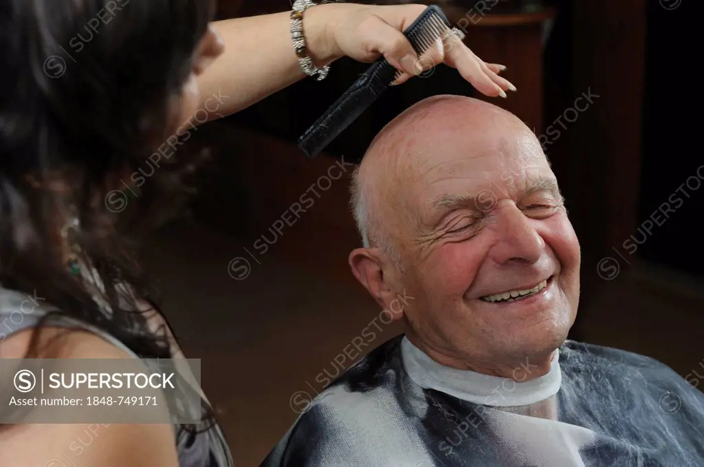 Elderly man at a hairdresser's, hair cutting, Baden-Wuerttemberg, Germany, Europe
