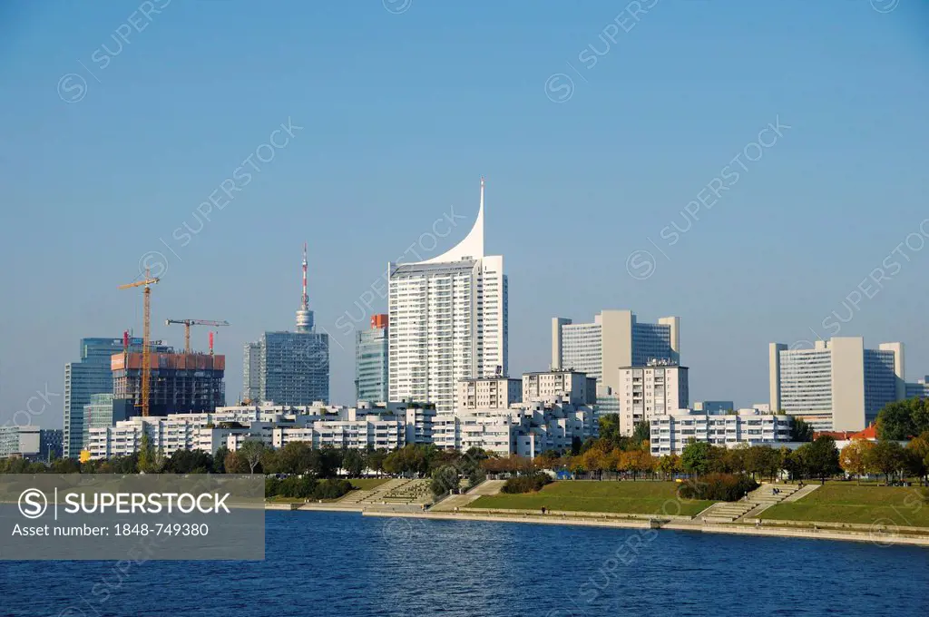 Modern architecture with the Neue Donau high-rise building on the New Danube River, Vienna, Austria, Europe