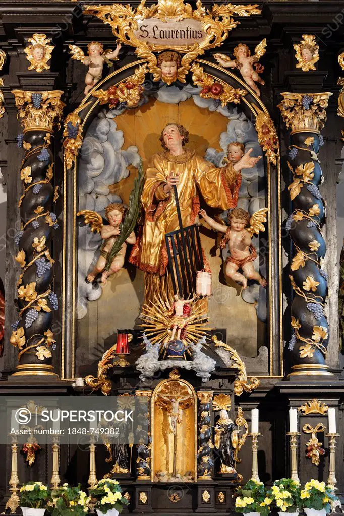 Statue of Saint Lawrence on the high altar by Meinrad Guggenbichler, Parish Church of St Laurentius in Abtsdorf, town of Attersee, Salzkammergut resor...
