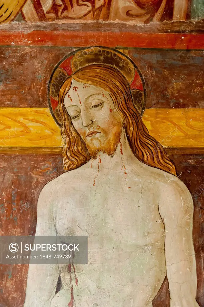 Catholic christianity, ornate mural from the 13th Century, fresco, Jesus Christ with stigmata, Chapel of St. Gregory, St. Benedict's Abbey, Monastery ...