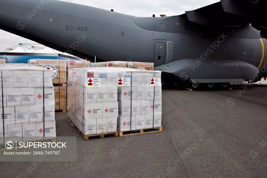 Relief supplies, hygiene packages, German Red Cross, ready to be loaded onto an Airbus A400M, ILA 2012, Berlin, ExpoCenter Airport, Brandenburg, Germa...