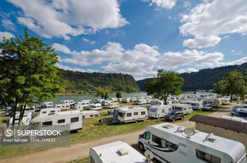 Caravans on camping site opposite the Loreley, Sankt Goar, Rhineland-Palatinate, Germany, Europe