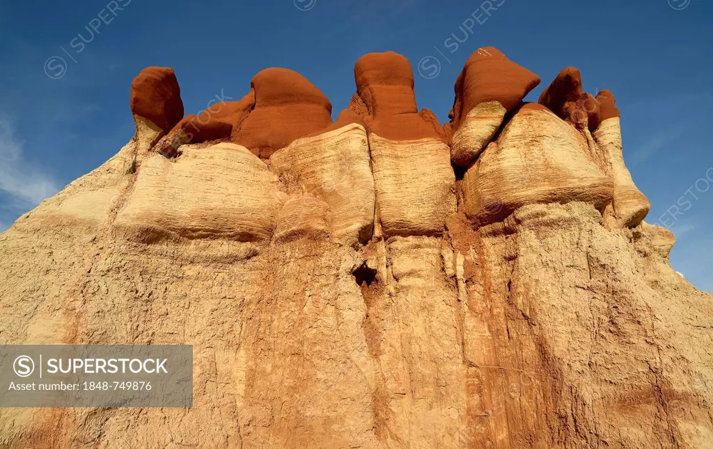 Eroded hoodoos and rock formations in Blue Mosquito Canyon discolored by minerals, Coal Mine Mesa, Painted Desert, Hopi Reservation, Navajo Nation Res...