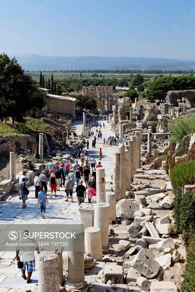 Tourists in Ephesus, Ephesos, Efes, excavations, UNESCO World Heritage Site, view from the Curetes Street to the Library of Celsus, Izmir, Turkish Aeg...
