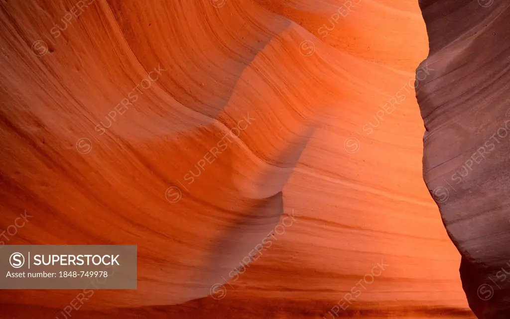 Red sandstone of the Moenkopi Formation, rock formations, colors and patterns, Lower Antelope Slot Canyon, Corkscrew Canyon, Page, Navajo Nation Reser...