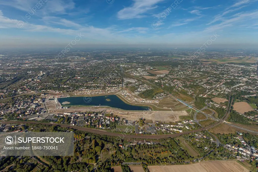 Aerial view, Emscher river, Lake PhoenixSee, Dortmund, Ruhr area, North Rhine-Westphalia, Germany, Europe