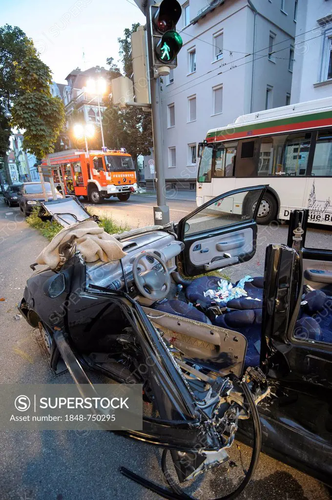 Severe road traffic accident between a Renault Twingo and a public transport bus, wreckage of the Renault Twingo, Esslingen, Baden-Wuerttemberg, Germa...
