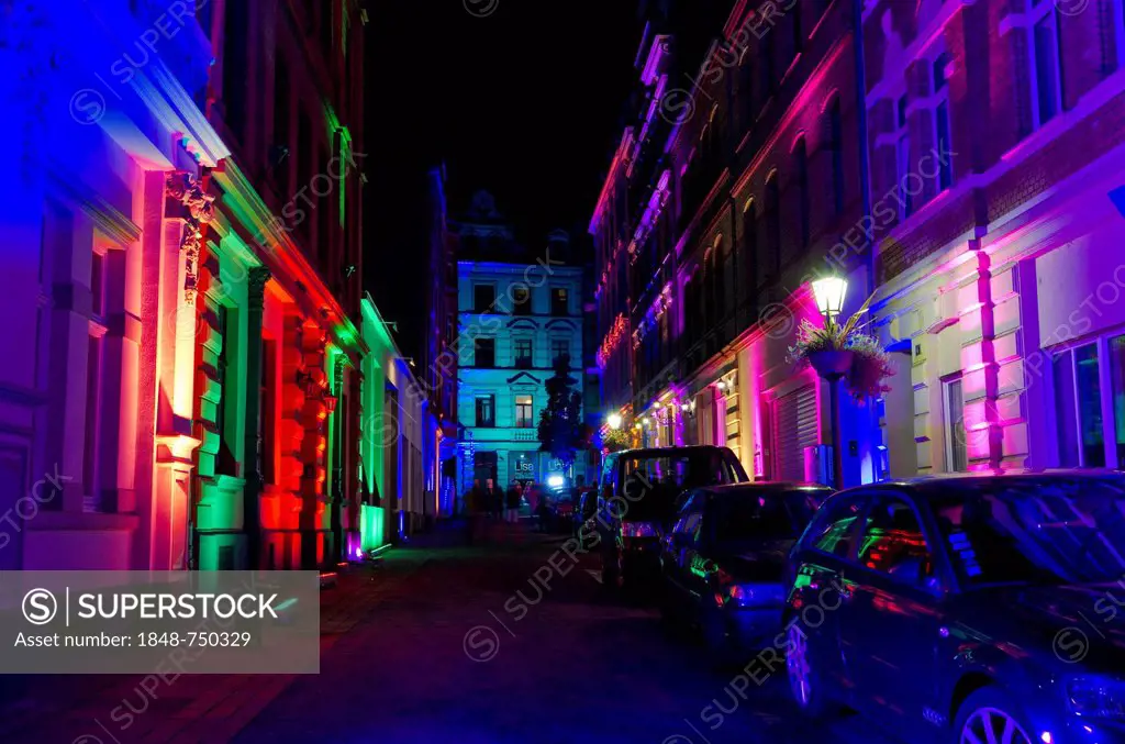 Goerrestrasse street, illuminated by the artist Gerhard Kraetz, Koblenz, Rhineland-Palatinate, Germany, Europe