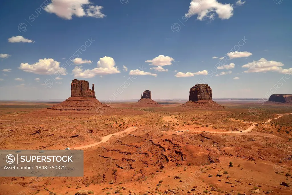 Mesas of West Mitten Butte, East Mitten Butte, Merrick Butte, Scenic Drive, Monument Valley, Navajo Tribal Park, Navajo Nation Reservation, Arizona, S...