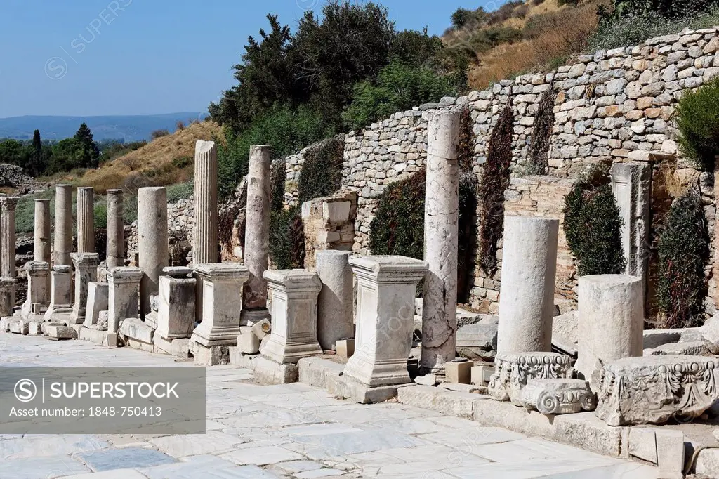 Excavations and avenue with pillars in Curetes Street, UNESCO World Heritage Site, Ephesus, Ephesos, Efes, Izmir, Turkish Aegean, western Turkey, Turk...