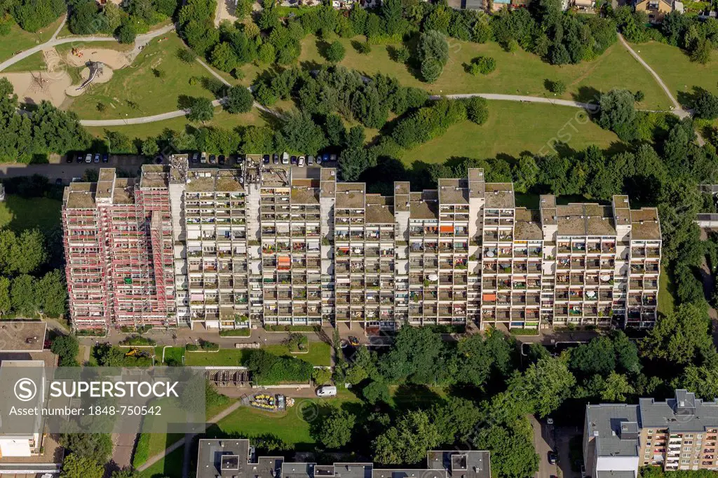 Aerial view, Hannibal-Hochhaus apartment towers being renovated, Dorstfeld, Dortmund, Ruhr area, North Rhine-Westphalia, Germany, Europe,