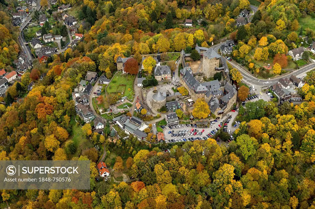 Aerial view, Schloss Burg castle an der Wupper, Solingen, autumn, Bergisches Land region, North Rhine-Westphalia, Germany, Europe