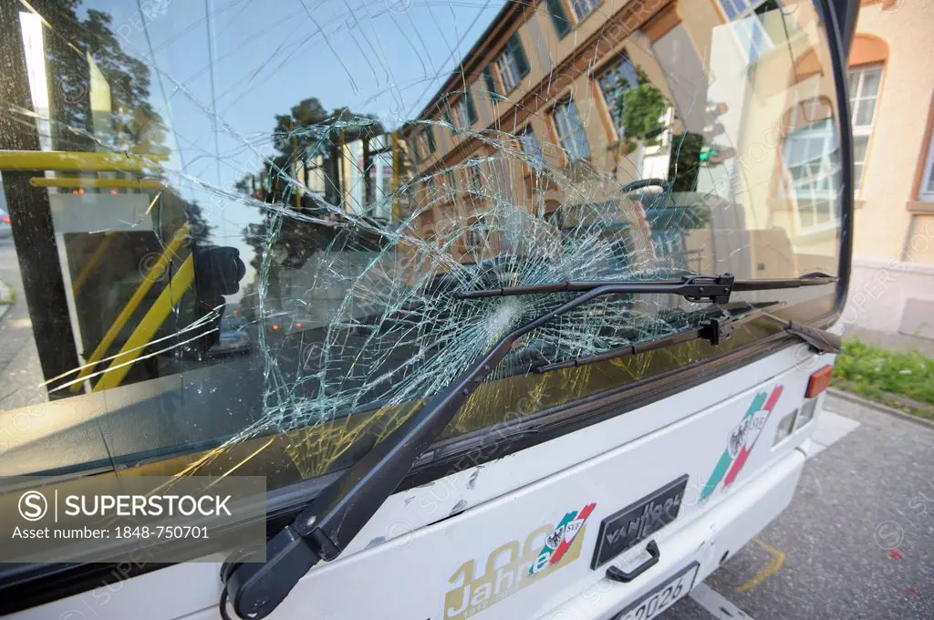 A public transport bus damaged in an accident, Esslingen, Baden-Wuerttemberg, Germany, Europe