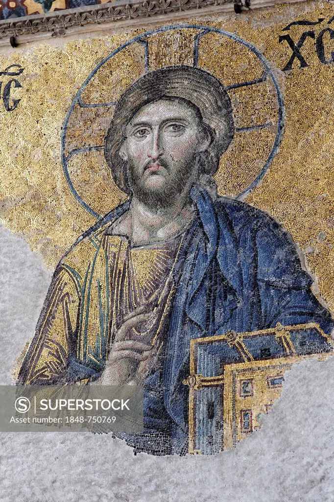 Christ Pantocrator, image of Jesus Christ, Deesis mosaic in the southern gallery, Hagia Sophia, Ayasofya, interior view, UNESCO World Heritage Site, I...
