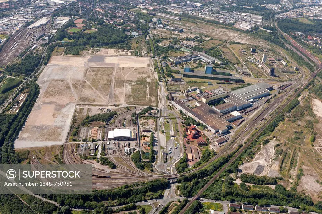 Aerial view, industrial wasteland, ThyssenKrupp Logistik, Hoesch-area, Dortmund, Ruhr area, North Rhine-Westphalia, Germany, Europe