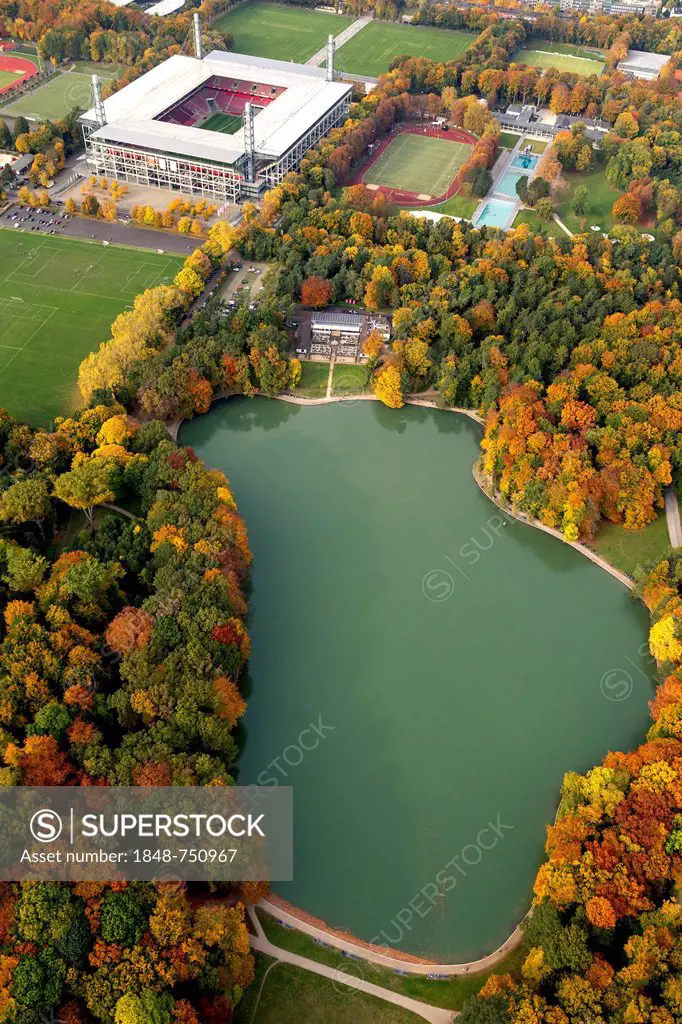 Aerial view, RheinEnergieStadion stadium and Adenauerweiher lake, Cologne, Rhineland, North Rhine-Westphalia, Germany, Europe