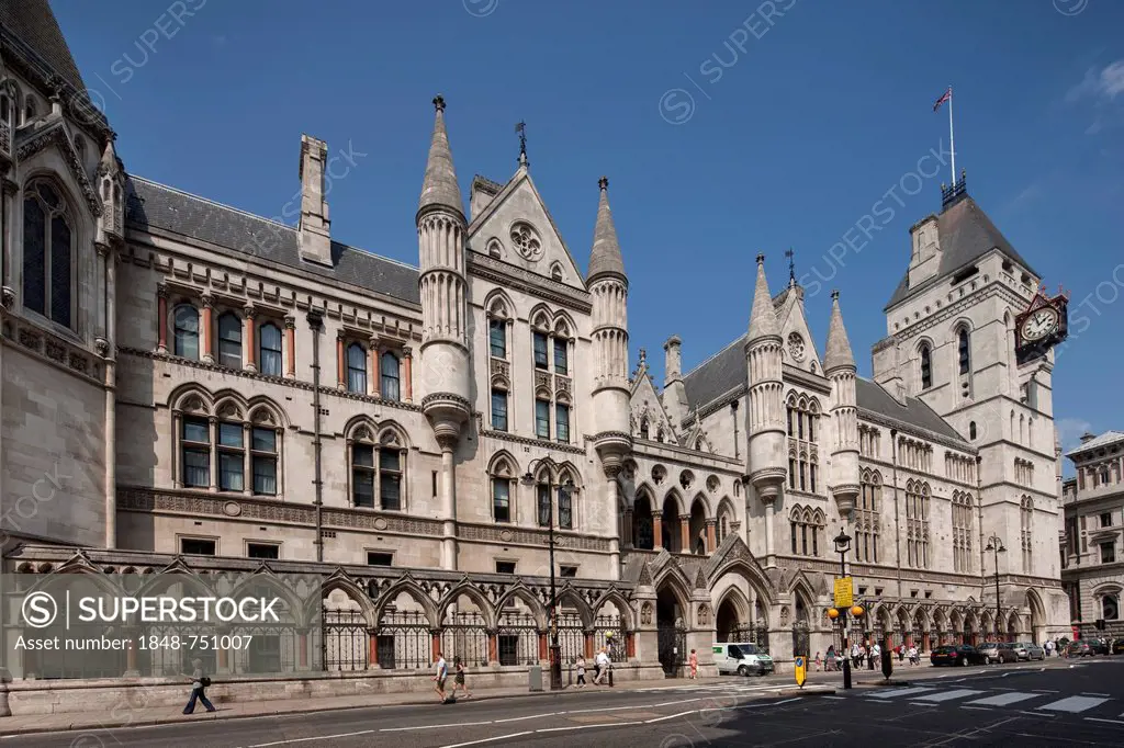 Facade of the Royal Courts of Justice, Supreme Court, in Fleet Street, London, England, United Kingdom, Europe