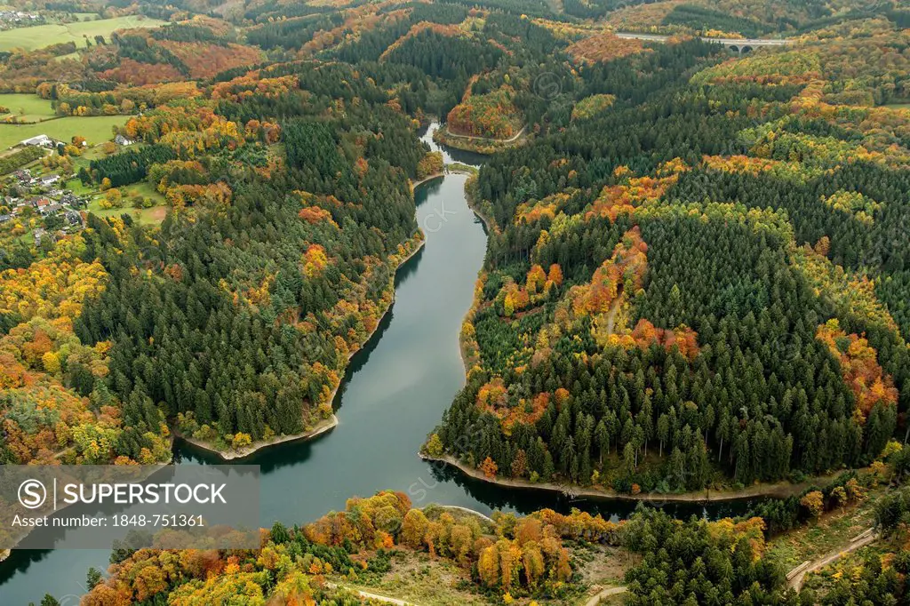 Aerial view, Sengbachtalsperre reservoir, autumn, Solingen, Bergisches Land region, North Rhine-Westphalia, Germany, Europe