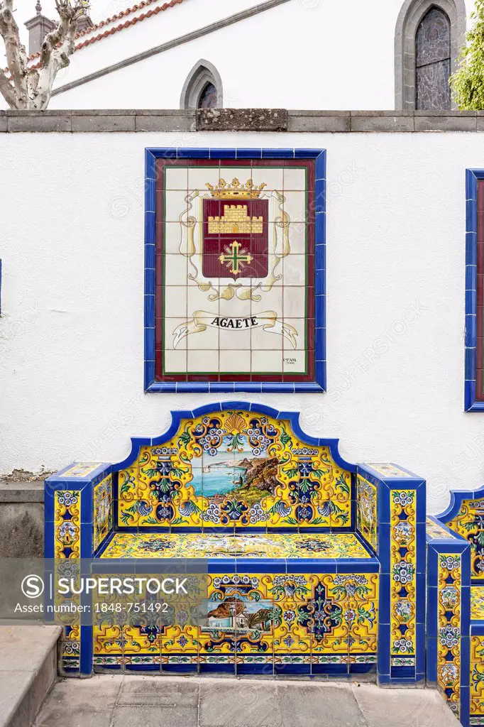 Tiled bench, Promenade Paseo de Canarias, bench with tiles of the 21 communites, images and coat of arms, community of Agate, Gran Canaria, Canary Isl...