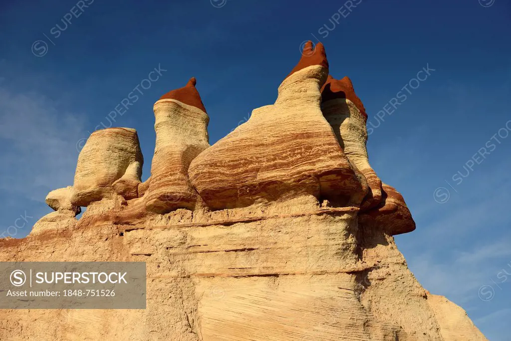 Fatali Hoodoos, eroded hoodoos and rock formations in Blue Mosquito Canyon discolored by minerals, Coal Mine Mesa, Painted Desert, Hopi Reservation, N...