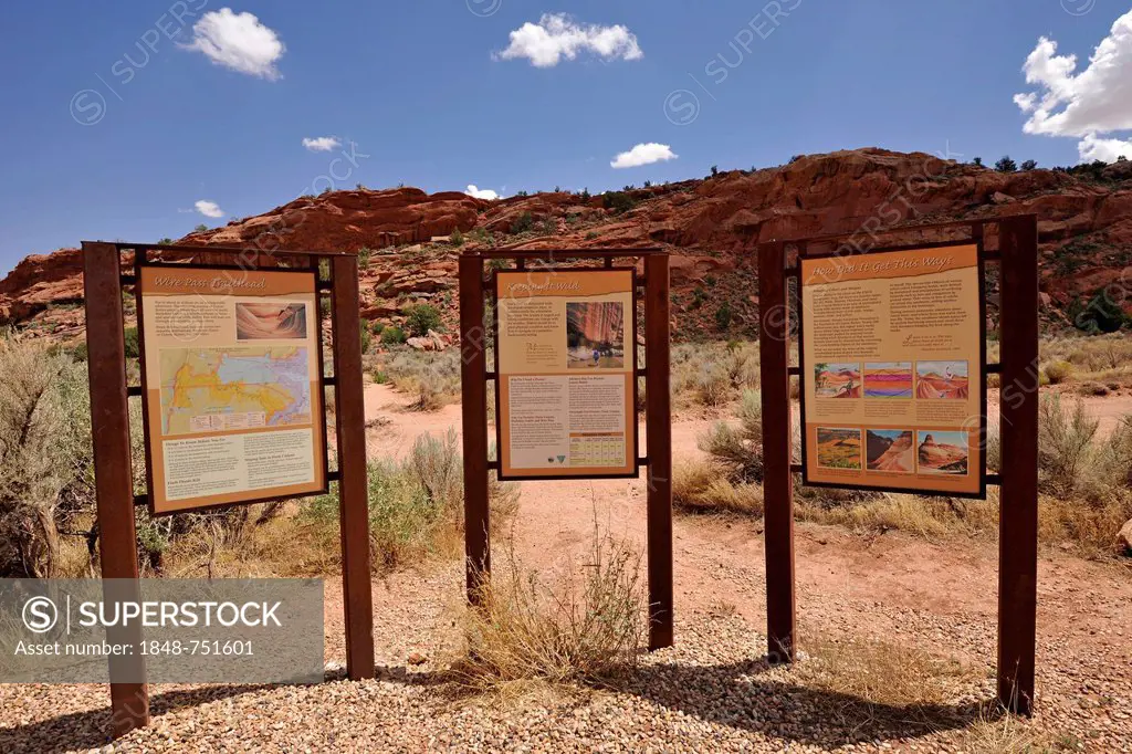 Information boards at the Trailhead Wirepass, starting point to The Wave Navajo sandstone rocks, North Coyote Buttes, CBN, Pahreah Paria Canyon, Vermi...