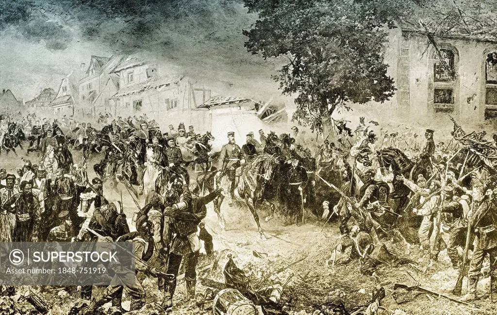 Historical drawing, the German winners after the Battle of Woerth, or Bataille de Froeschwiller-Woerth, Bataille de Reichshoffen on 6 August 1870, Woe...