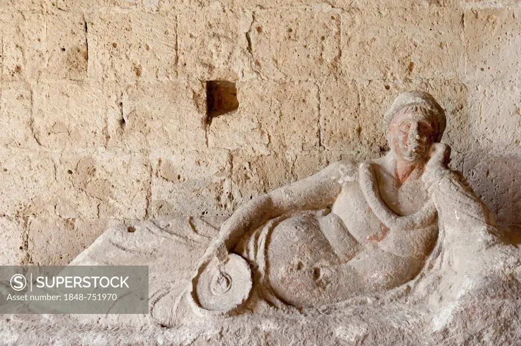 Etruscan reclining statue, Romanesque Basilica of San Pietro, Tuscania, Lazio, Italy, Southern Europe, Europe