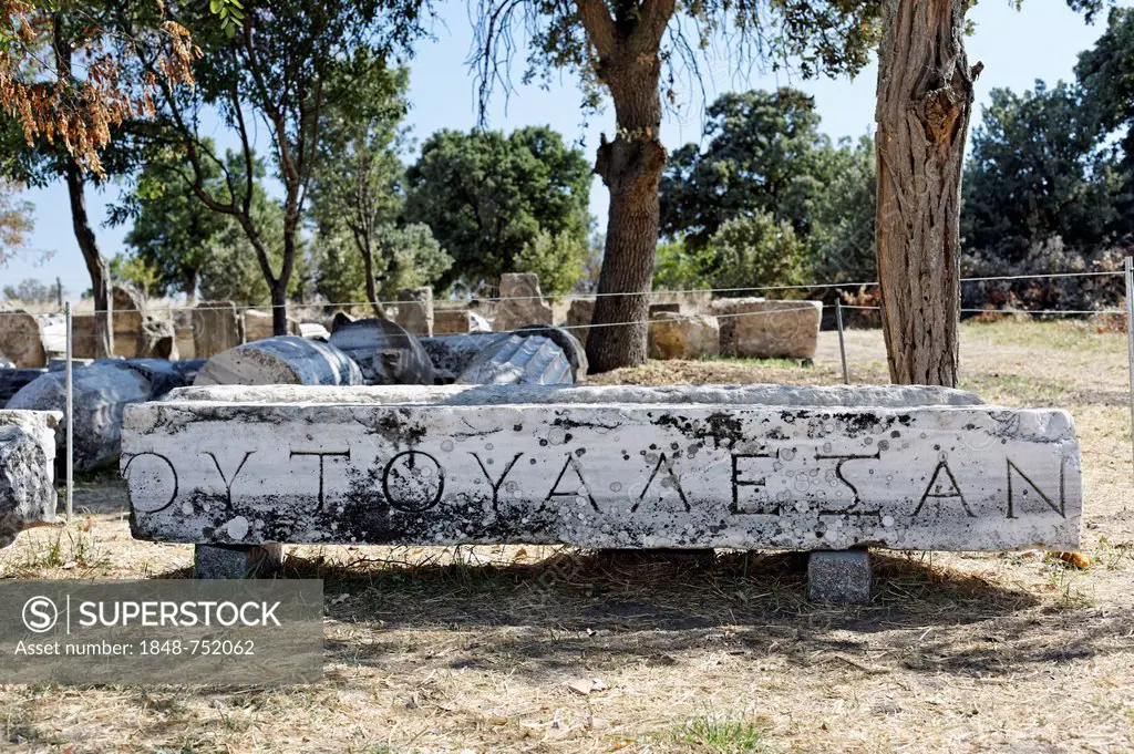 Pillar with inscription, Troy, Truva, Canakkale, Marmara, Turkey, Asia