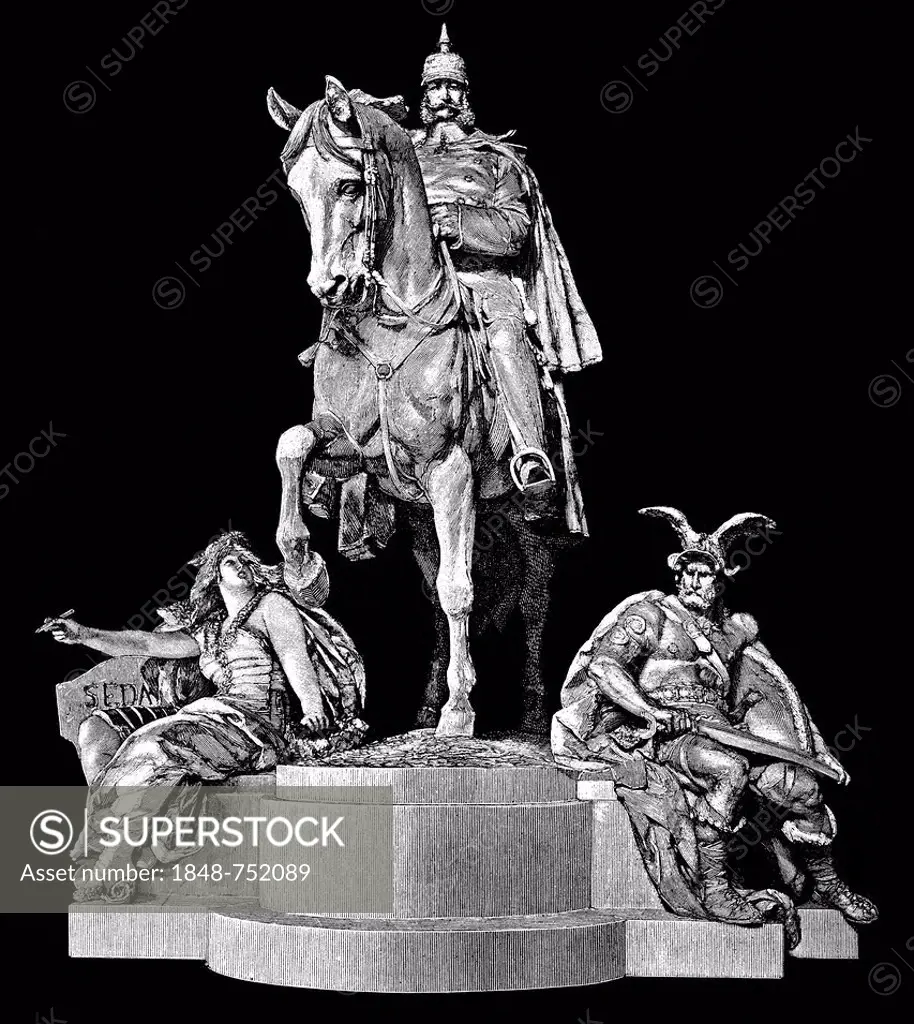 Historical drawing, equestrian statue of Emperor William I, Wilhelm I, at the Kyffhaeuser Monument or Barbarossa Monument, in the Kyffhaeuser region, ...