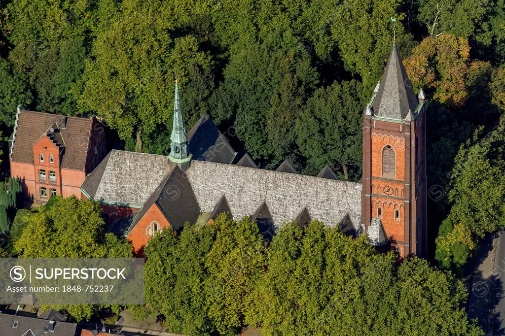 Aerial view, Catholic parish office of St. Joseph, Gelsenkirchen, Ruhr area, North Rhine-Westphalia, Germany, Europe
