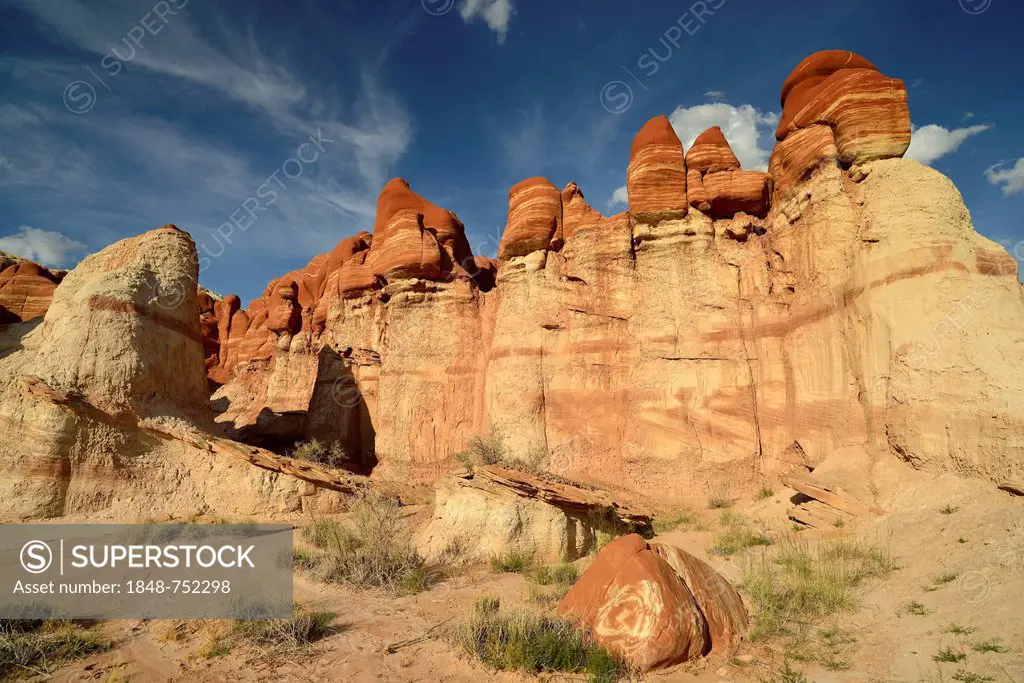 Eroded hoodoos and rock formations of the Blue Mosquito Canyon, discoloured by minerals, Coal Mine Mesa, Painted Desert, Hopi Reservation, Navajo Nati...