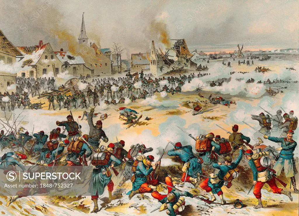 Historical drawing, Battle of Bapaume on 3 January 1871, Franco-Prussian War or Franco-German War, 1870-1871, between the French Empire and the Kingdo...