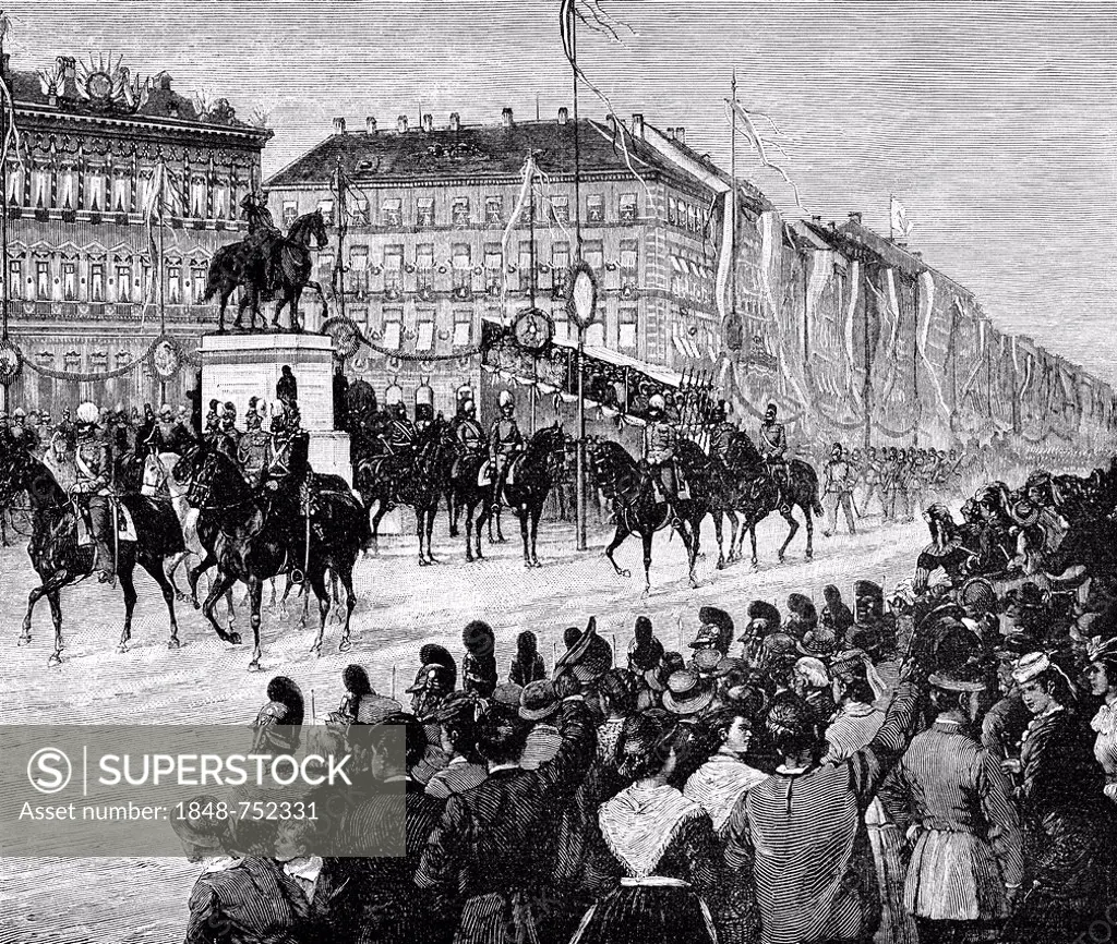 Triumphal procession of the Bavarian troops in Munich on 17 July 1871, historic scene after the end of the Franco-Prussian War or Franco-German War, 1...