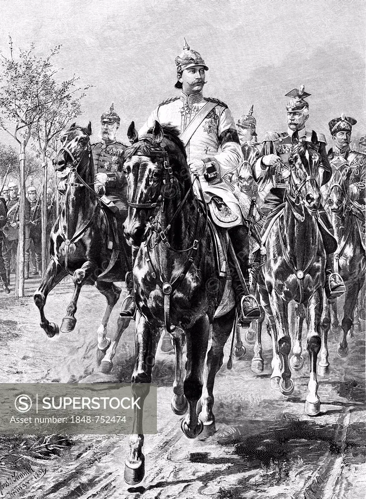 Wilhelm II or William II, and his entourage on horseback, Frederick William Victor Albert of Prussia, 1859-1941, Hohenzollern dynasty, last German Emp...