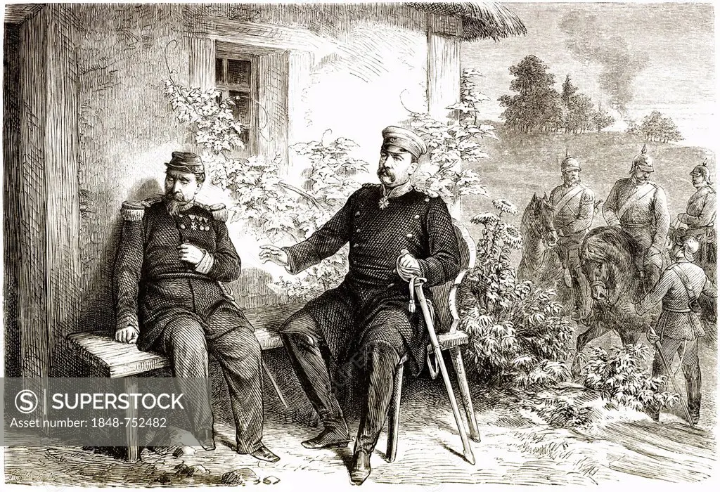 Historical illustration, meeting of Otto von Bismarck and Napoleon III. to surrender on 2 September 1870, after the Battle of Sedan in Donchery, Arden...