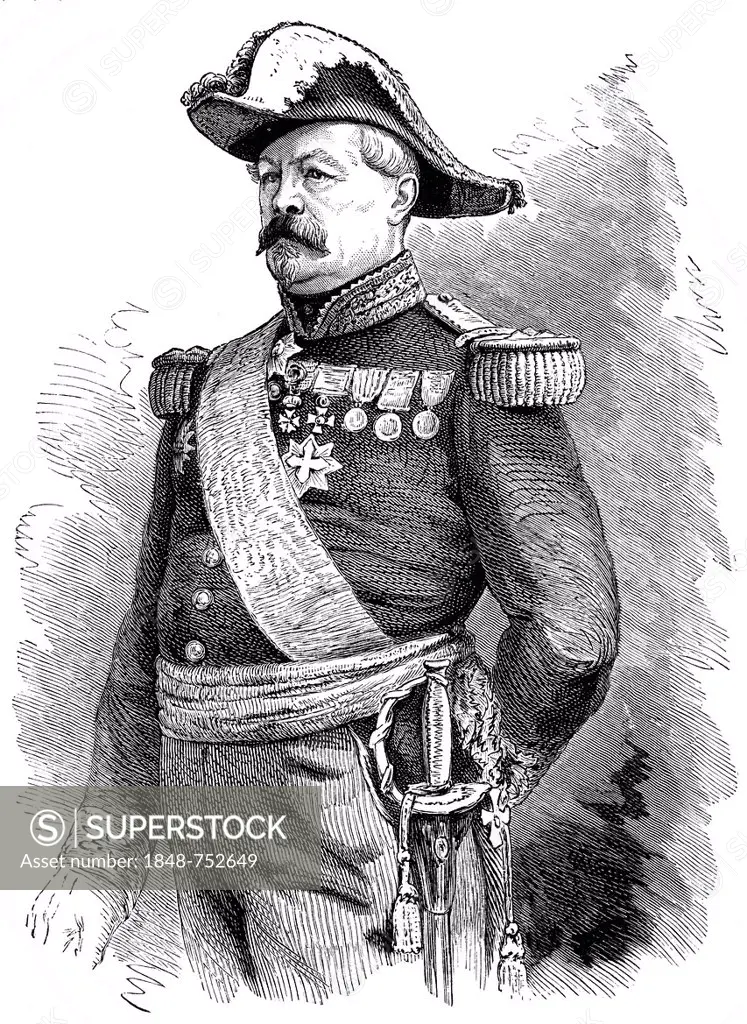 Historic drawing, portrait of Jean Jacques Alexis Uhrich, 1802 - 1886, French General and commander of Strasbourg in the Franco-Prussian War or Franco...