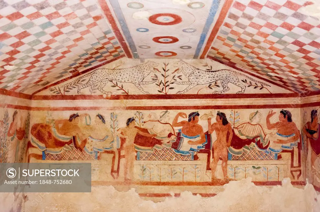The history of the Etruscans, an Etruscan mural painting in the Tomb of the Leopards, Tomba dei Leopardi, Monterozzi Necropolis, Tarquinia, Italy, Sou...