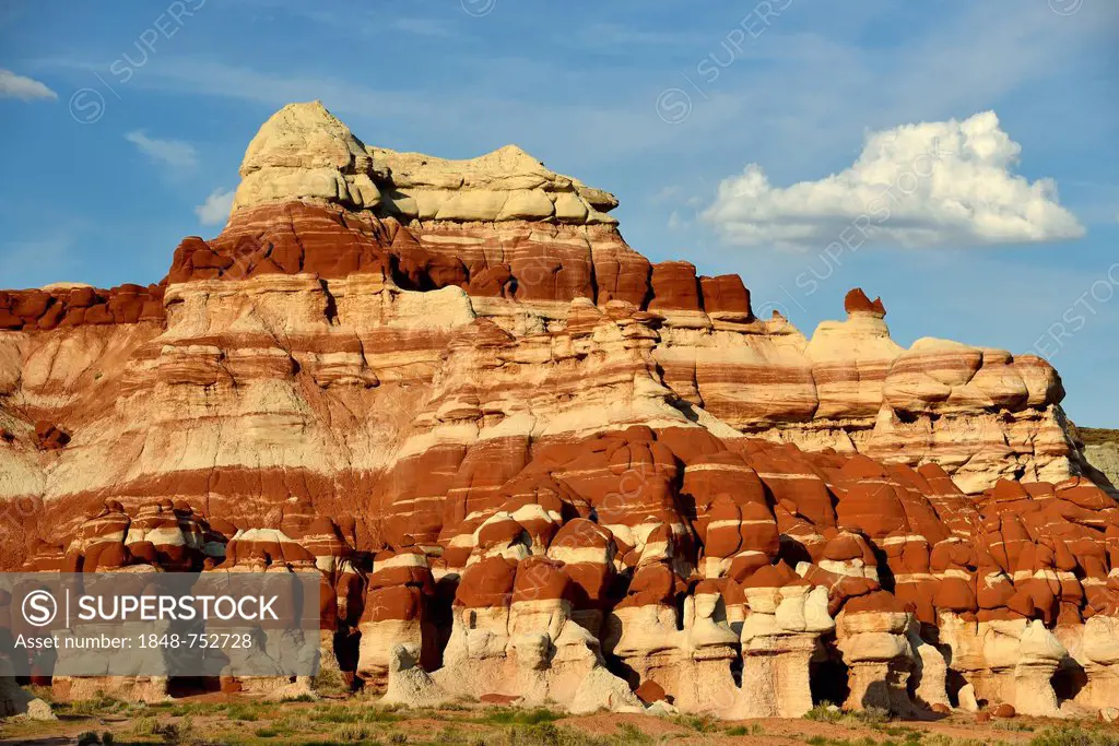 Eroded hoodoos and rock formations of the Blue Mosquito Canyon, discoloured by minerals, Coal Mine Mesa, Painted Desert, Hopi Reservation, Navajo Nati...
