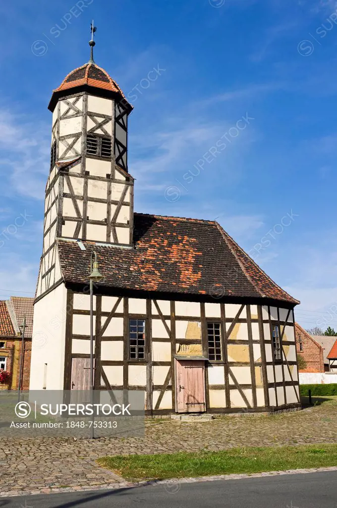 Half-timbered church in Steinsdorf, district of Wittenberg, Saxony-Anhalt, Germany, Europe
