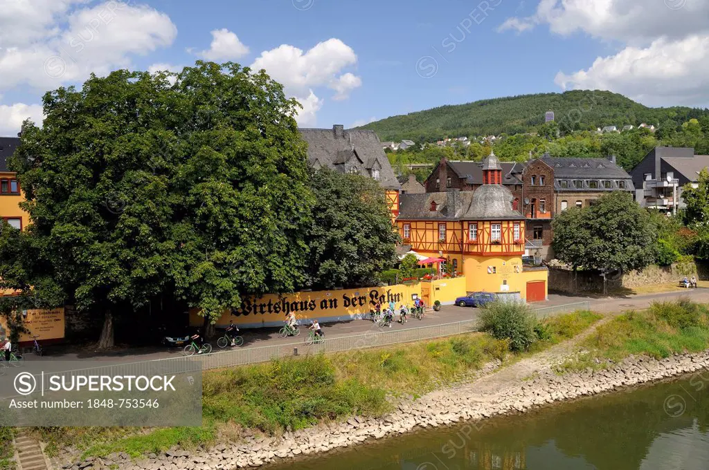 Altes Zollhaus, old customs house of the Electors of Trier, tavern alongside the Lahn River, Upper Middle Rhine Valley, UNESCO World Cultural Heritage...