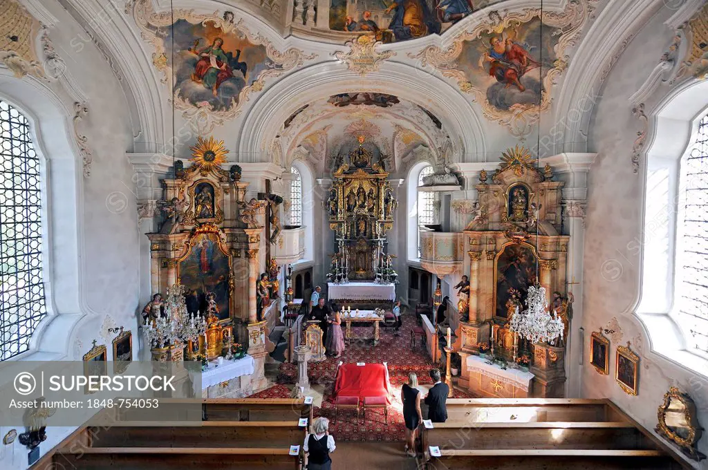 The main altar and the side altars, Parish Church of St. Margareth, Bayrischzell, Bavaria, Germany, Europe