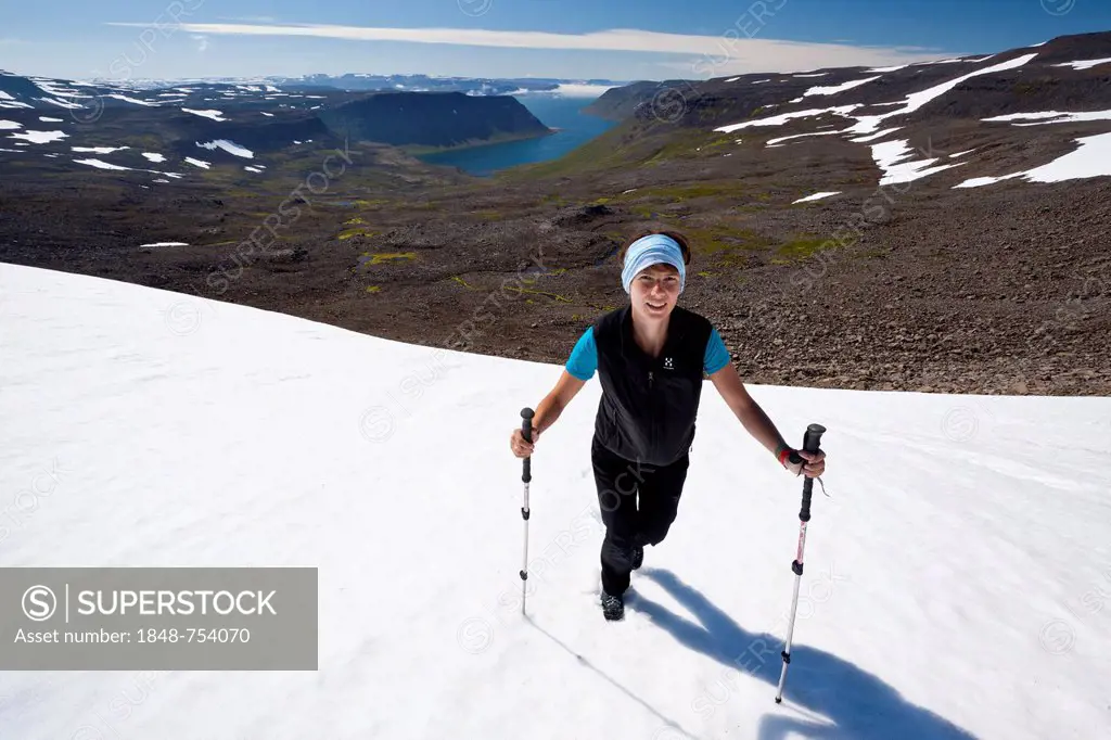 Young woman with walking poles, Hornstrandir, Western Iceland, Iceland, Europe