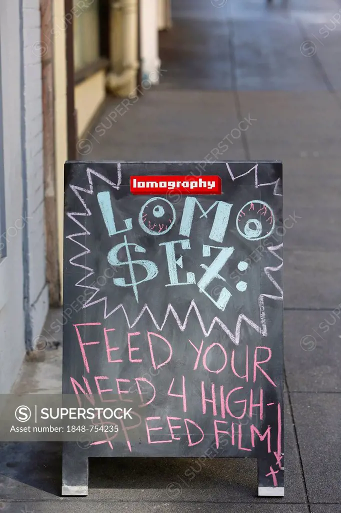 Advertising sign, Lomo camera shop, San Francisco, California, USA