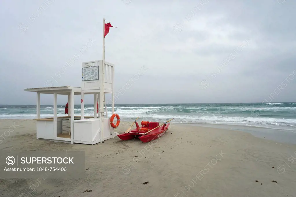 Lifeguard tower and rescue boat during a storm warning on the beach of Simius, Villasimius, Sarrabus, Province of Cagliari, Sardinia, Italy, Europe