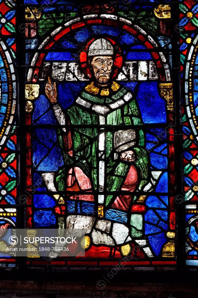 Stained-glass window in the choir with Thomas Becket, Canterbury Cathedral, South East England, administrative county of Kent, England, United Kingdom...